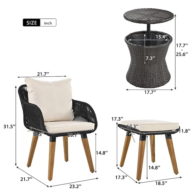 5 Pieces Patio Conversation Set with Wicker Cool Bar Table, Ottomans