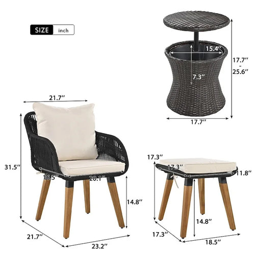 5 Pieces Patio Conversation Set with Wicker Cool Bar Table, Ottomans