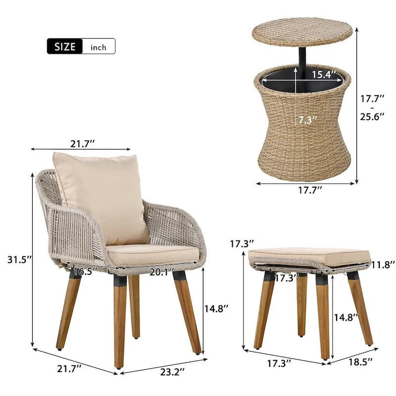 5 Pieces Patio Conversation Set with Wicker Cool Bar Table, Ottomans