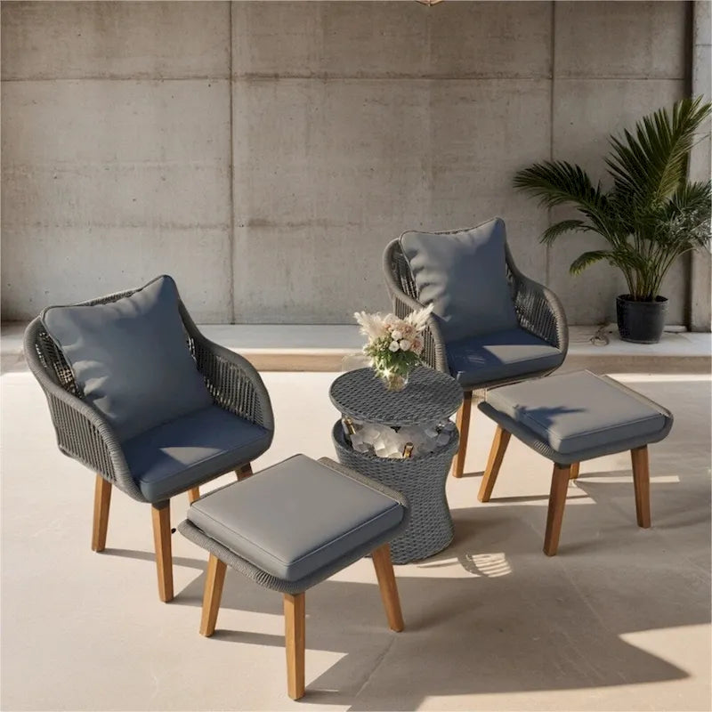 5 Pieces Patio Conversation Set with Wicker Cool Bar Table, Ottomans