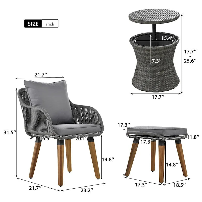 5 Pieces Patio Conversation Set with Wicker Cool Bar Table, Ottomans