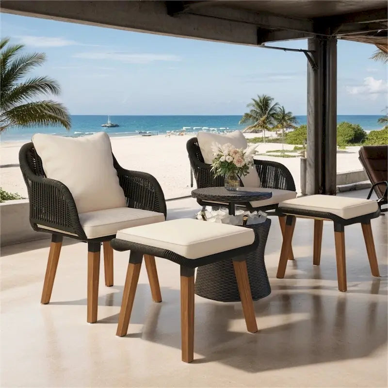 5 Pieces Patio Conversation Set with Wicker Cool Bar Table, Ottomans
