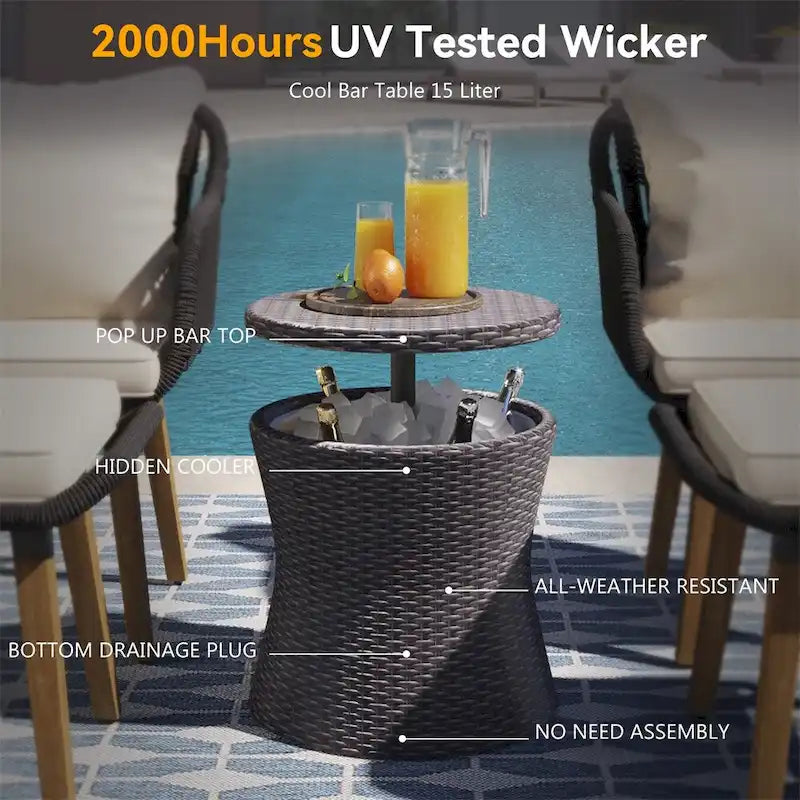 5 Pieces Patio Conversation Set with Wicker Cool Bar Table, Ottomans