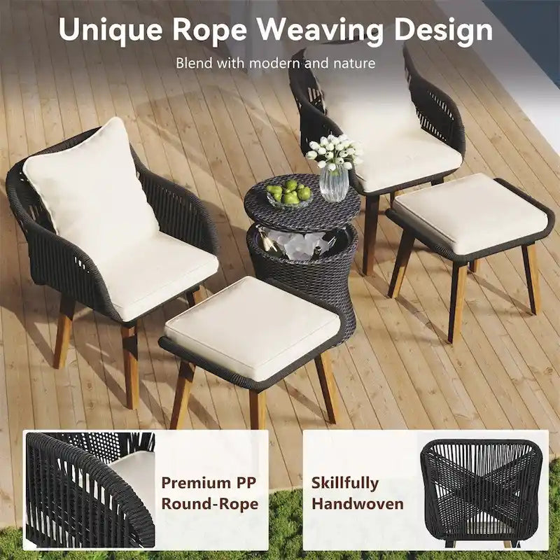 5 Pieces Patio Conversation Set with Wicker Cool Bar Table, Ottomans