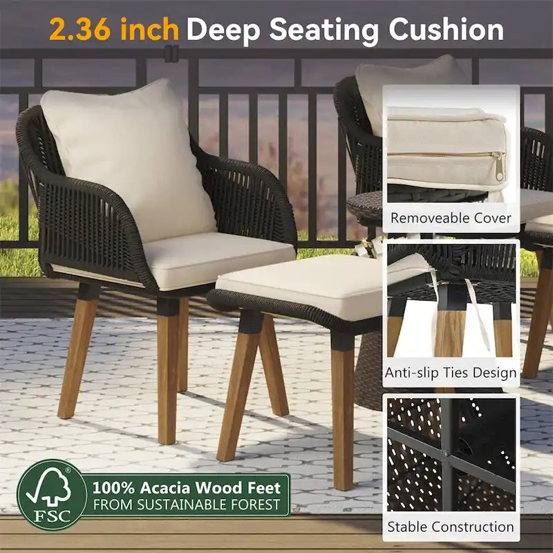 5 Pieces Patio Conversation Set with Wicker Cool Bar Table, Ottomans