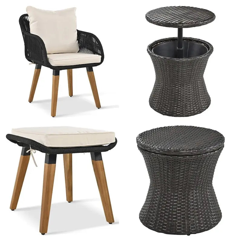 5 Pieces Patio Conversation Set with Wicker Cool Bar Table, Ottomans