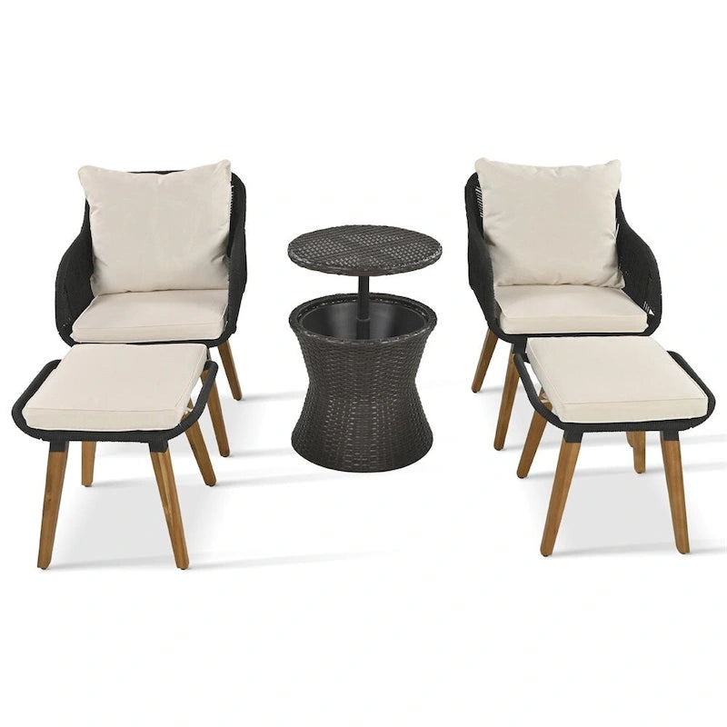 5 Pieces Patio Conversation Set with Wicker Cool Bar Table, Ottomans