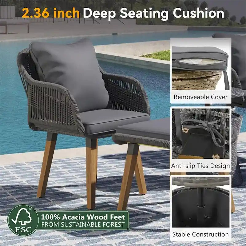 5 Pieces Patio Conversation Set with Wicker Cool Bar Table, Ottomans