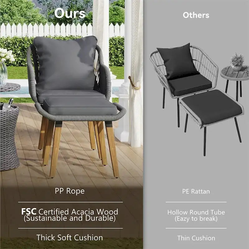 5 Pieces Patio Conversation Set with Wicker Cool Bar Table, Ottomans