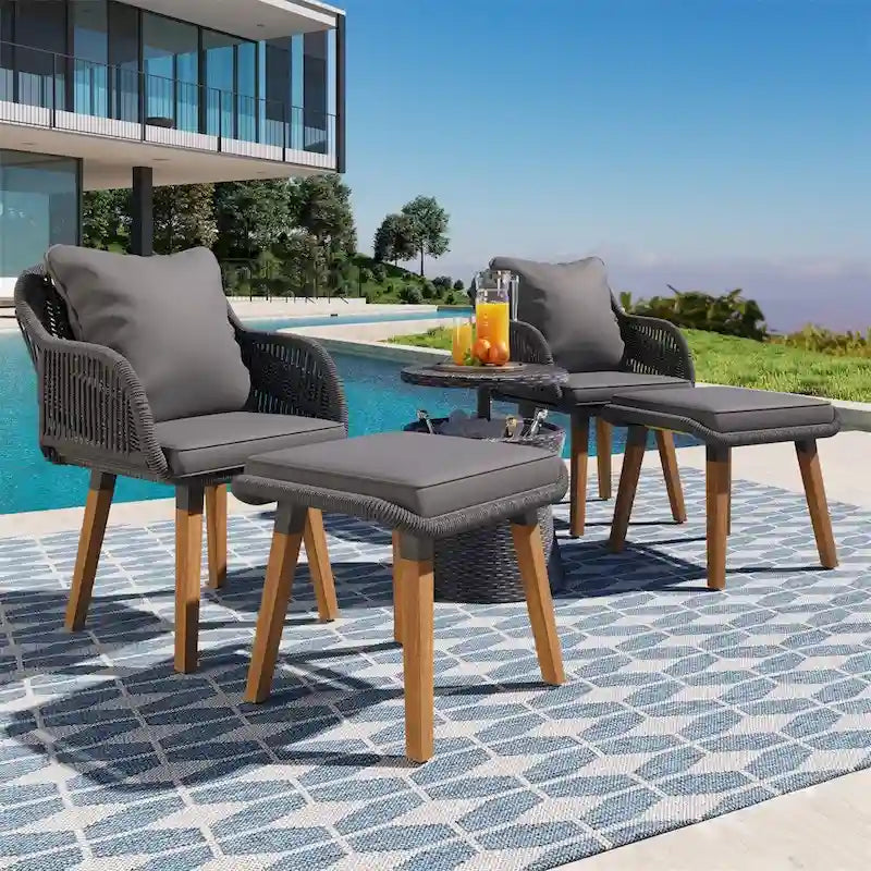 5 Pieces Patio Conversation Set with Wicker Cool Bar Table, Ottomans