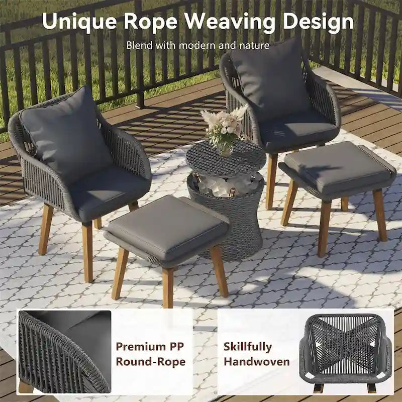 5 Pieces Patio Conversation Set with Wicker Cool Bar Table, Ottomans