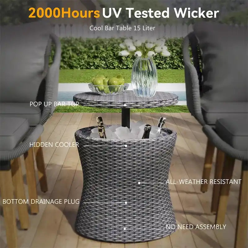 5 Pieces Patio Conversation Set with Wicker Cool Bar Table, Ottomans