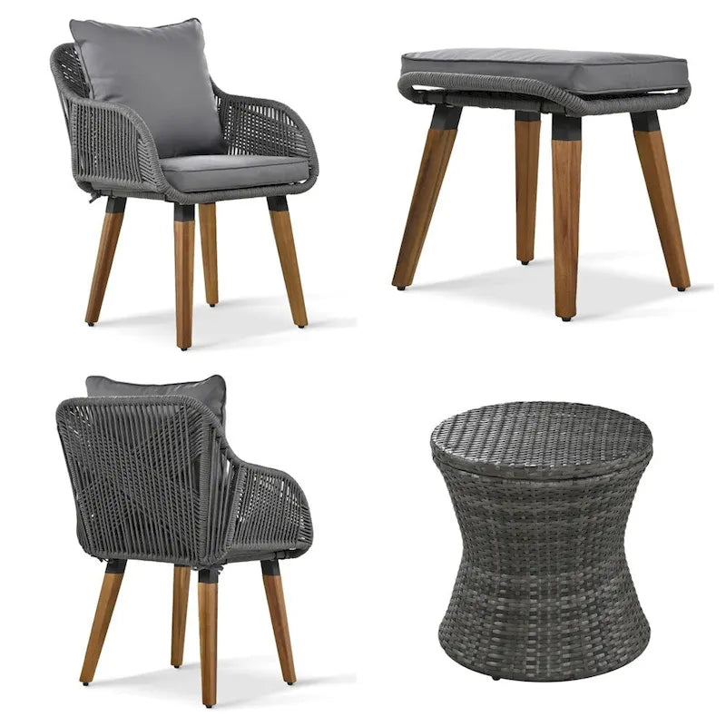 5 Pieces Patio Conversation Set with Wicker Cool Bar Table, Ottomans
