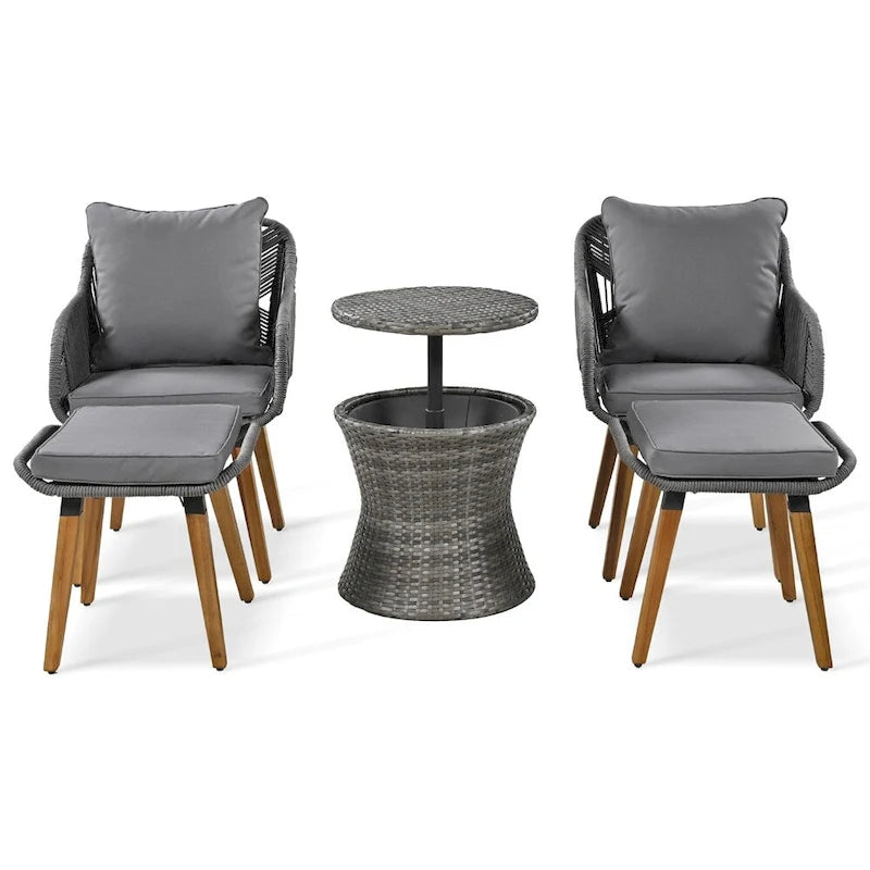 5 Pieces Patio Conversation Set with Wicker Cool Bar Table, Ottomans
