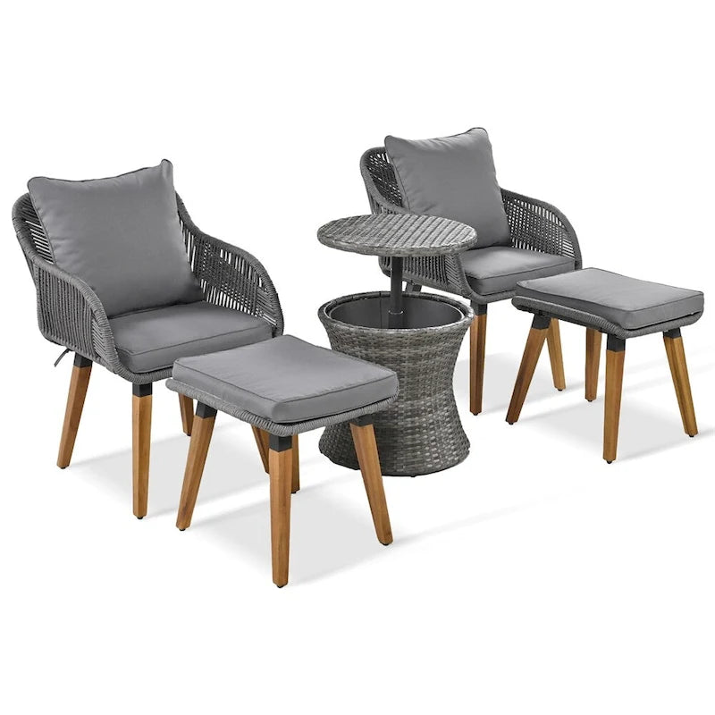 5 Pieces Patio Conversation Set with Wicker Cool Bar Table, Ottomans