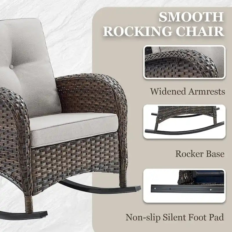 Patio Rocking Chair Ottoman with Table - Brown