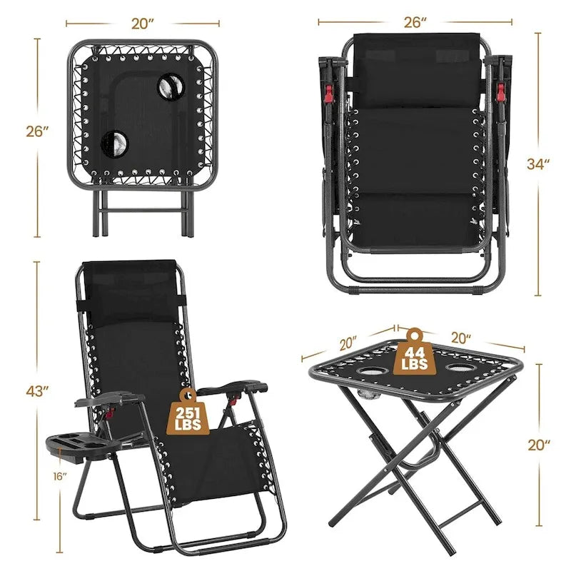 Yaheetech 3pcs 26in Outdoor Zero Gravity Chairs with Table, Camping Chairs with Side Table - N/A