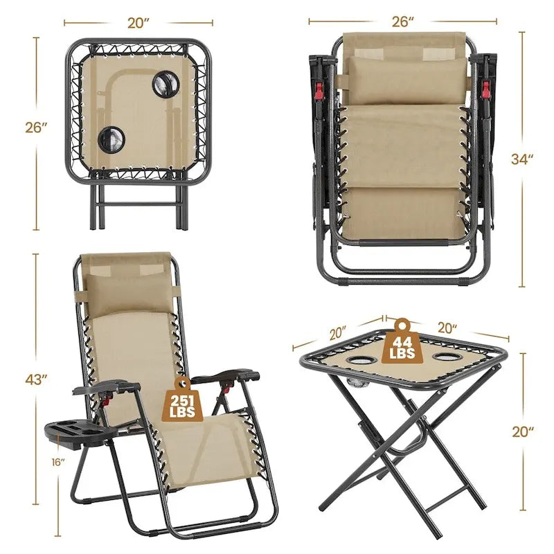 Yaheetech 3pcs 26in Outdoor Zero Gravity Chairs with Table, Camping Chairs with Side Table - N/A