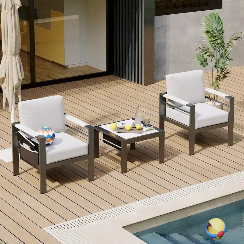 Outdoor Aluminum Club Chairs with Braided Rope Armrests Movable Side Pocket and Cushions (Set of 2)