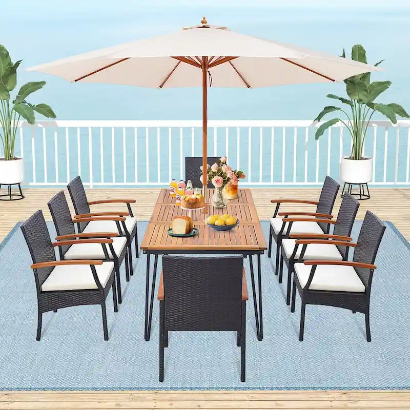 9 PCS Patio Rattan Dining Set Outdoor Table&Chair Set w/ Umbrella Hole