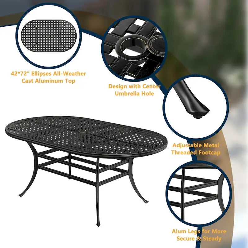 42 Patio Cast Aluminum Oval Dining Table with Umbrella Hole