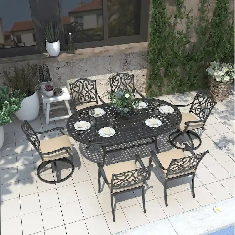 42 Patio Cast Aluminum Oval Dining Table with Umbrella Hole