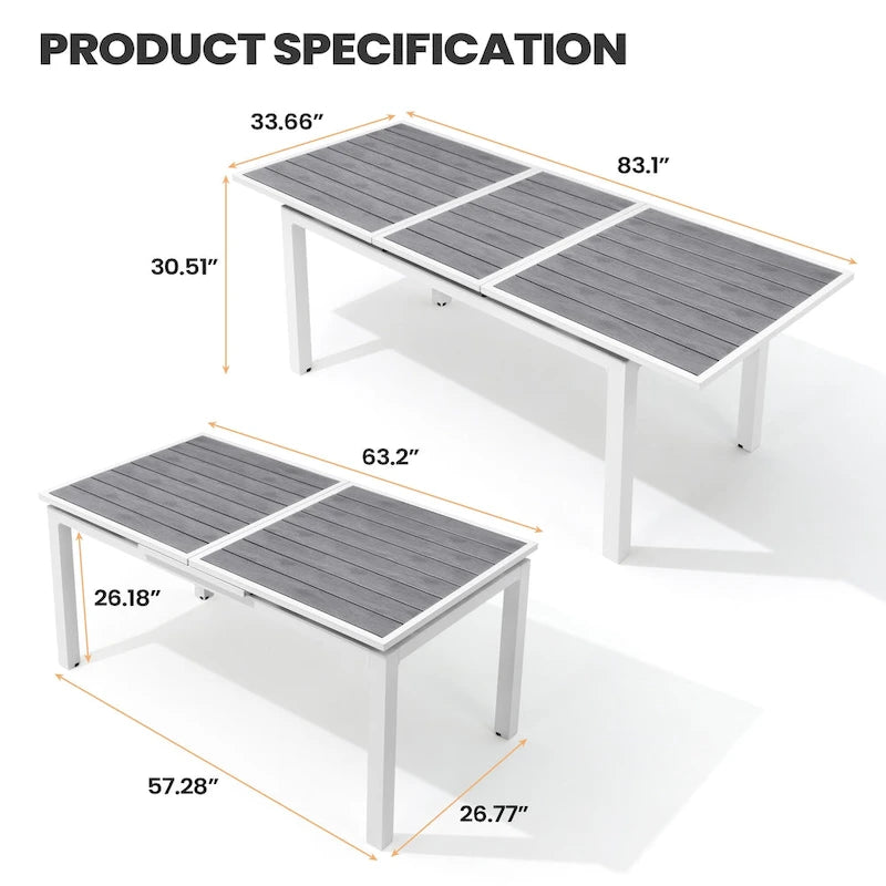 Pellebant Outdoor Aluminum Dining Table Patio Extension Table - 83.1 / 63.2 (L) x 33.66 W x 30.51 H