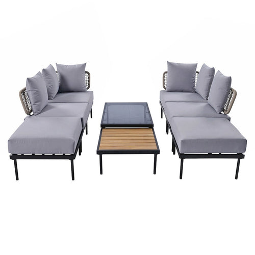 8-Piece Patio Sectional Sofa Set with Tempered Glass Coffee Table and Wooden Coffee Table for Outdoor Oasis, Garden