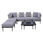 8-Piece Patio Sectional Sofa Set with Tempered Glass Coffee Table and Wooden Coffee Table for Outdoor Oasis, Garden