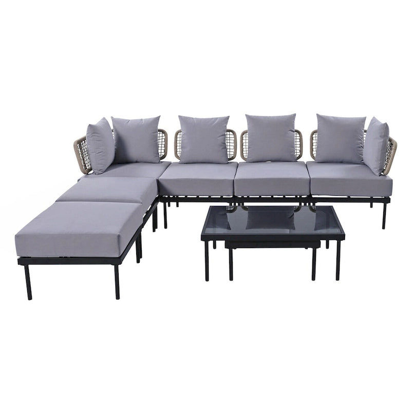 8-Piece Patio Sectional Sofa Set with Tempered Glass Coffee Table and Wooden Coffee Table for Outdoor Oasis, Garden
