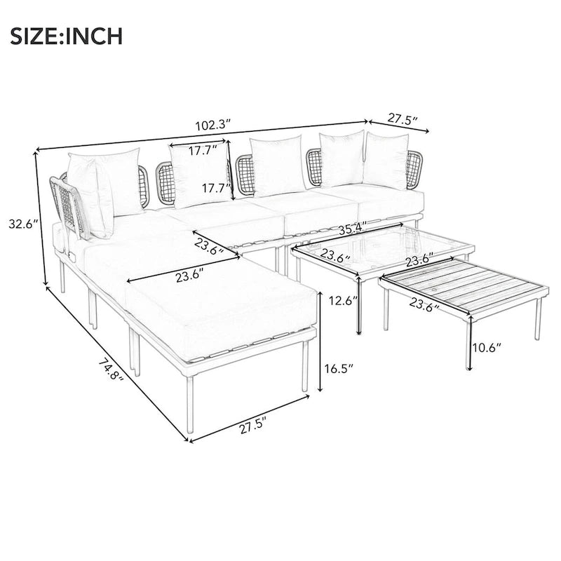 8-Piece Patio Sectional Sofa Set with Tempered Glass Coffee Table and Wooden Coffee Table for Outdoor Oasis, Garden