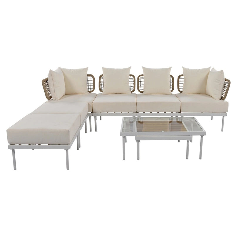 8-Piece Patio Sectional Sofa Set with Tempered Glass Coffee Table and Wooden Coffee Table for Outdoor Oasis, Garden