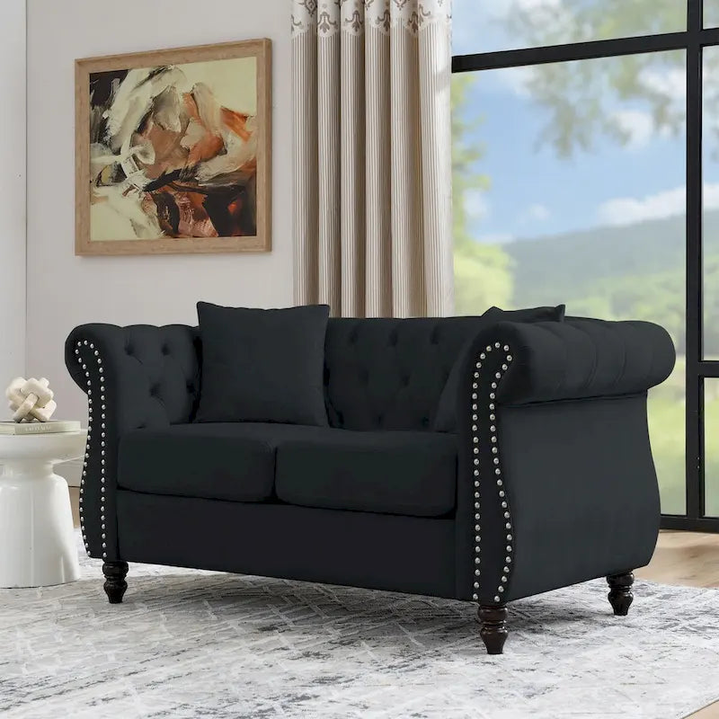 Chesterfield Sofa Black Velvet for Living Room