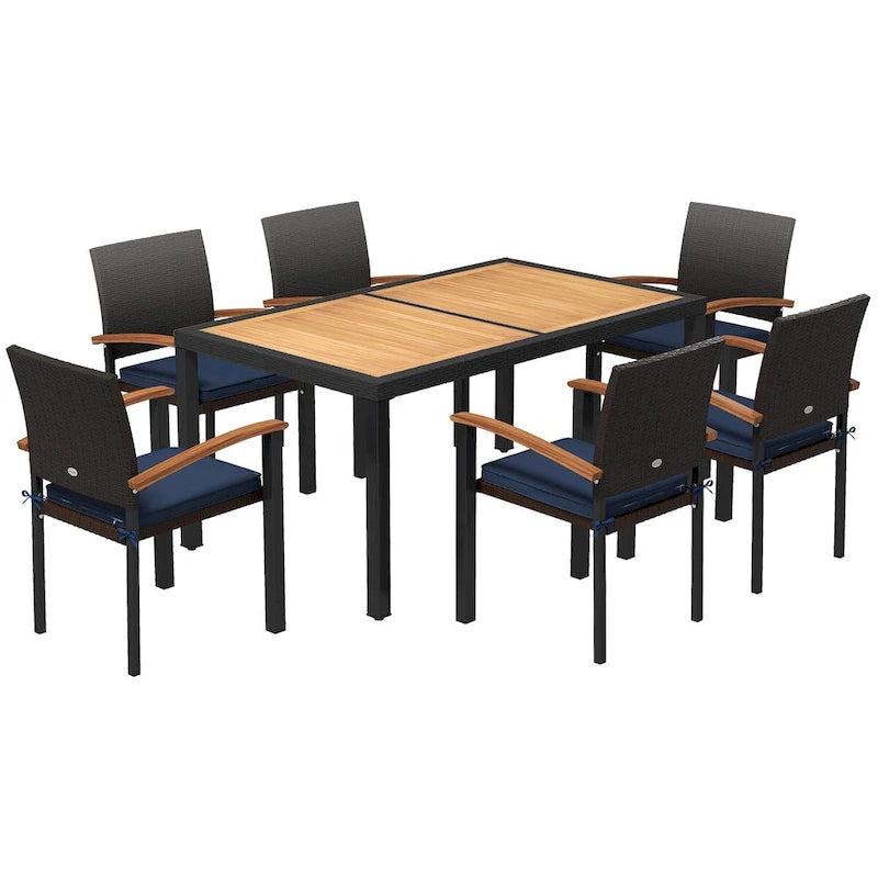 Outsunny 7 Pieces Patio Dining Set with Space-Saving Design, Wicker Patio Furniture Set Outdoor Dining Set with Acacia Wood