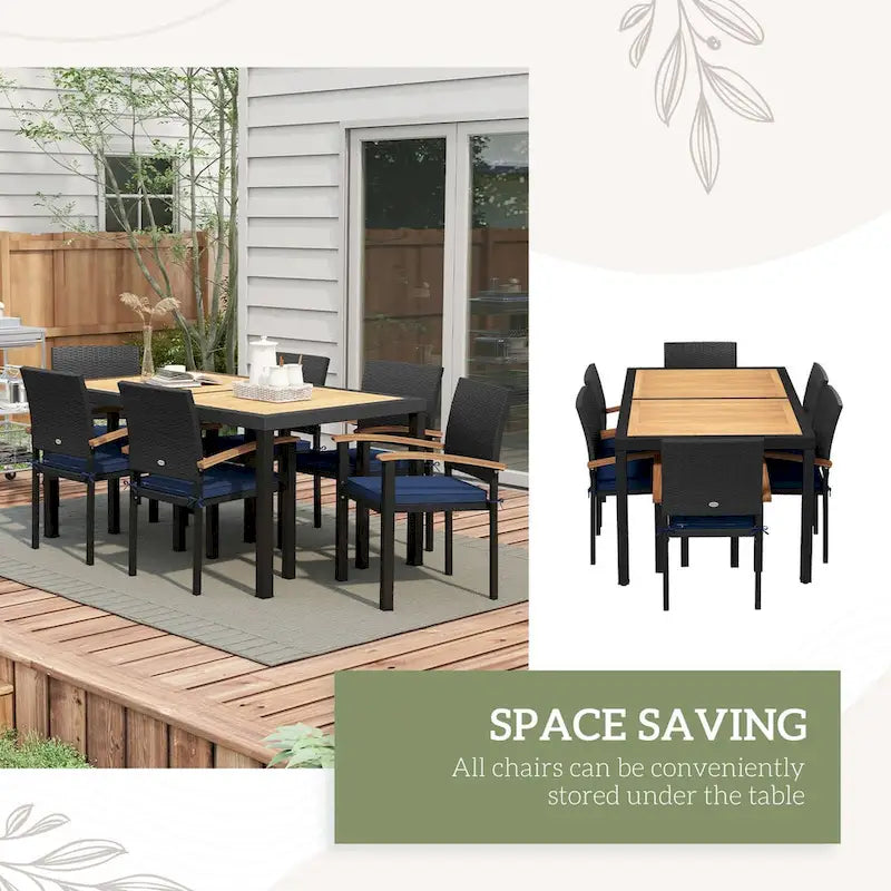 Outsunny 7 Pieces Patio Dining Set with Space-Saving Design, Wicker Patio Furniture Set Outdoor Dining Set with Acacia Wood