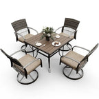 5-Piece Metal Patio Outdoor Dining Set with Square Table and Rattan Swivel Chairs with Cushion