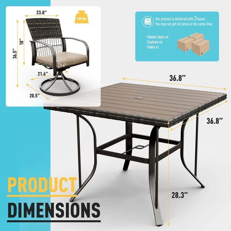 5-Piece Metal Patio Outdoor Dining Set with Square Table and Rattan Swivel Chairs with Cushion