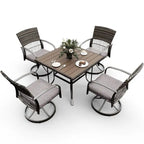 5-Piece Metal Patio Outdoor Dining Set with Square Table and Rattan Swivel Chairs with Cushion