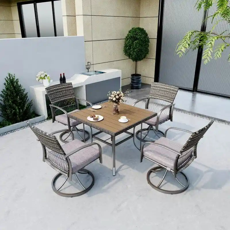 5-Piece Metal Patio Outdoor Dining Set with Square Table and Rattan Swivel Chairs with Cushion