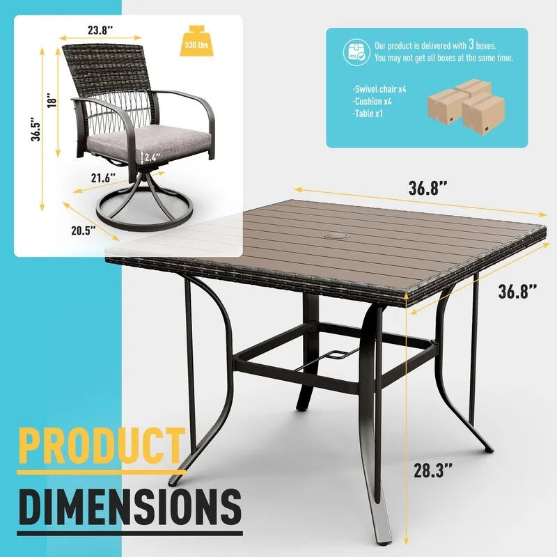 5-Piece Metal Patio Outdoor Dining Set with Square Table and Rattan Swivel Chairs with Cushion