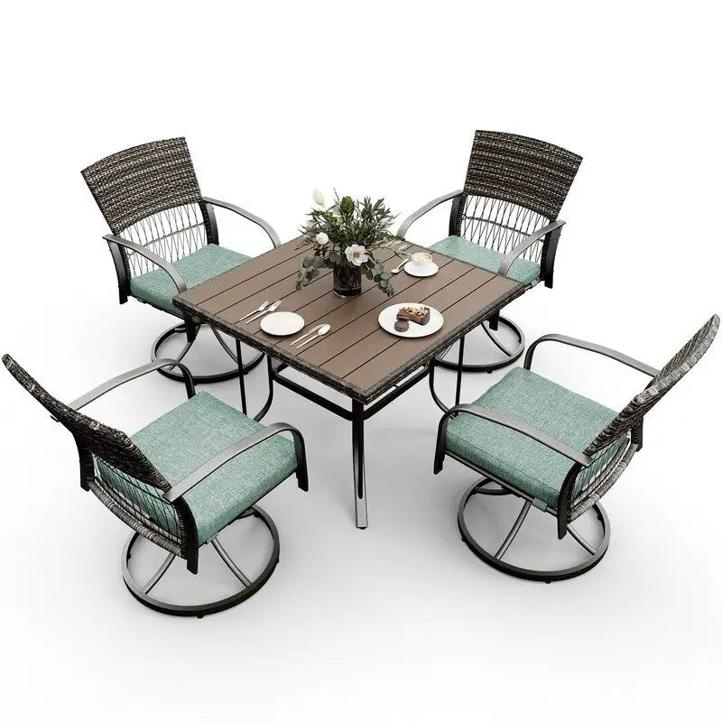 5-Piece Metal Patio Outdoor Dining Set with Square Table and Rattan Swivel Chairs with Cushion