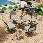 5-Piece Metal Patio Outdoor Dining Set with Square Table and Rattan Swivel Chairs with Cushion