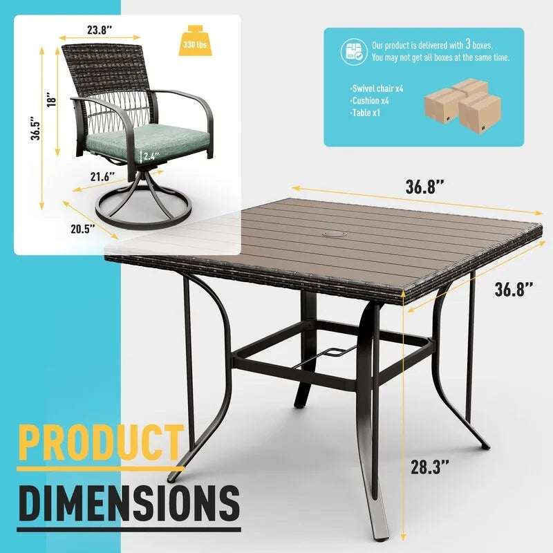 5-Piece Metal Patio Outdoor Dining Set with Square Table and Rattan Swivel Chairs with Cushion