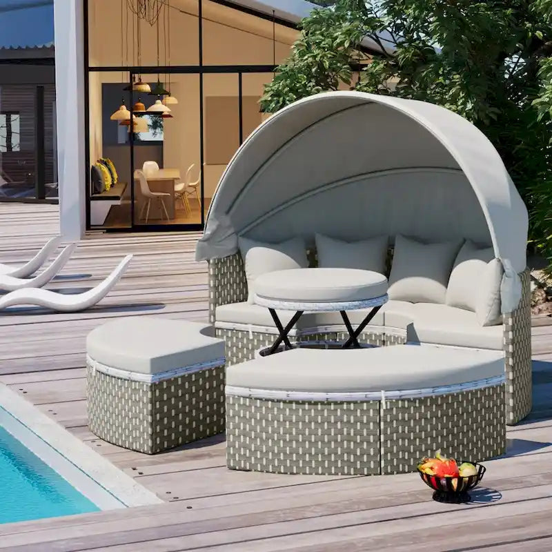 Round Wicker Outdoor Day Bed with Retractable Canopy