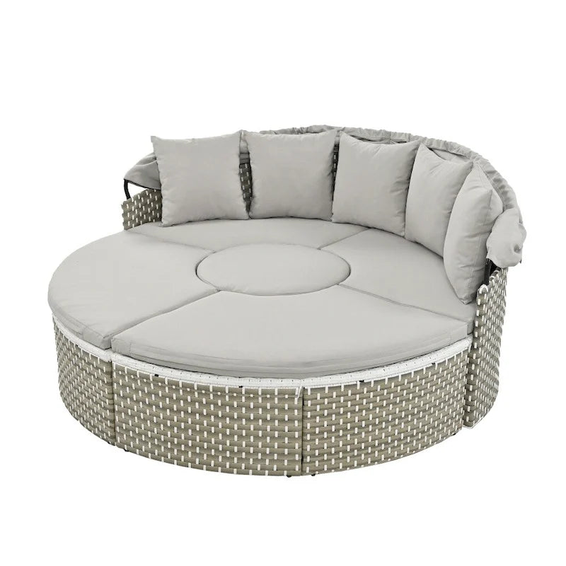 Round Wicker Outdoor Day Bed with Retractable Canopy