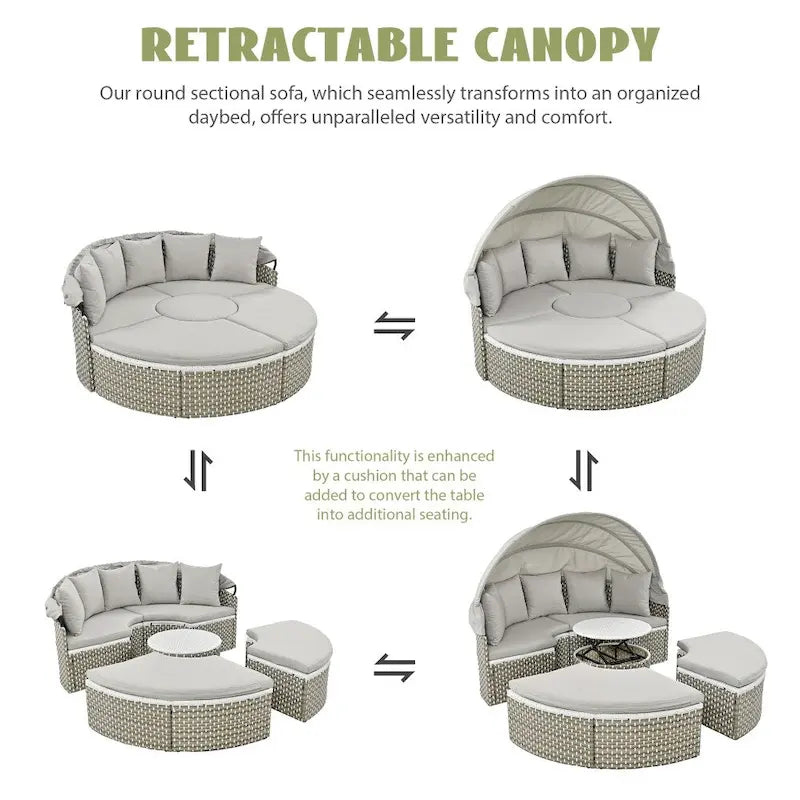 Round Wicker Outdoor Day Bed with Retractable Canopy