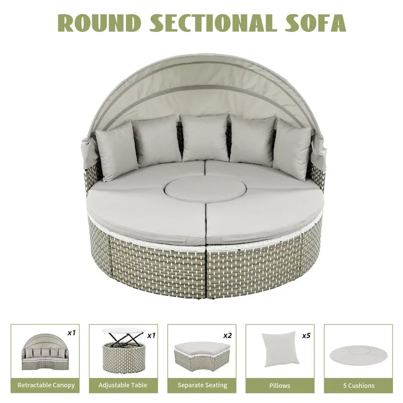 Round Wicker Outdoor Day Bed with Retractable Canopy