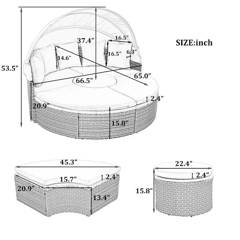 Round Wicker Outdoor Day Bed with Retractable Canopy