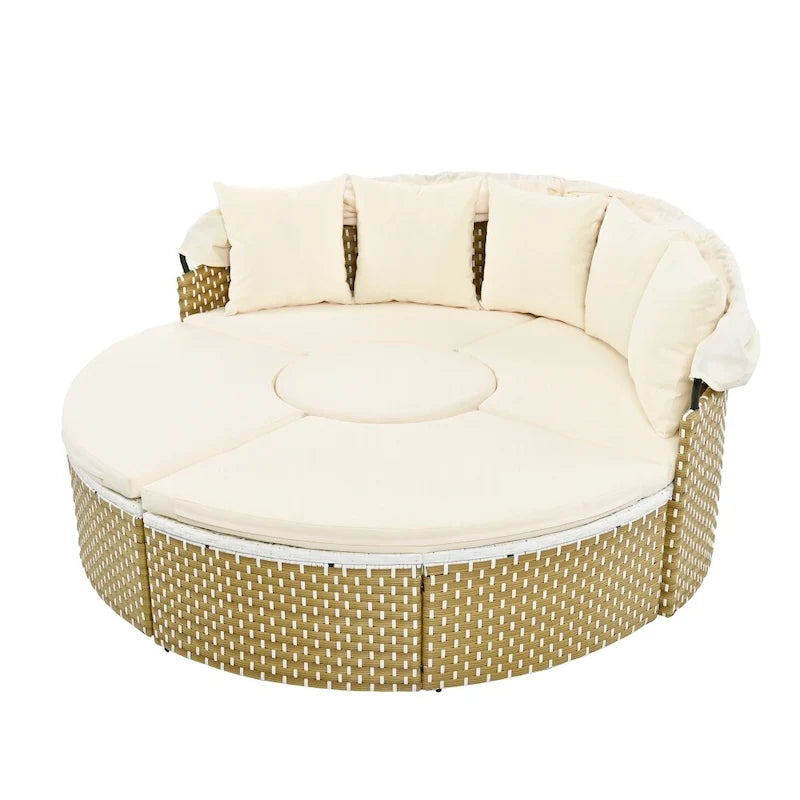 Round Wicker Outdoor Day Bed with Retractable Canopy