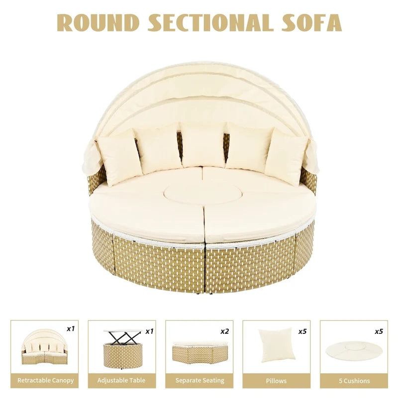 Round Wicker Outdoor Day Bed with Retractable Canopy